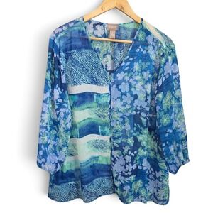 Chicos Womens Top Size 3 XL Blue Floral Print Sheer V Neck Blouse 3/4 Sleeve